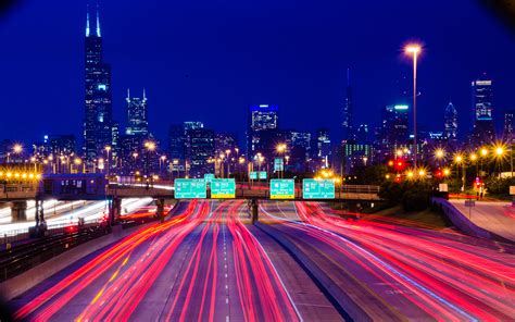 Chicago Buildings Skyscrapers Freeway Highway Light Night Timelapse Hd