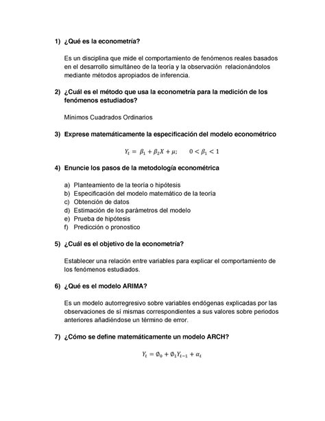 Examen Mayo Preguntas Y Respuestas Qu Es La Econometr A Es