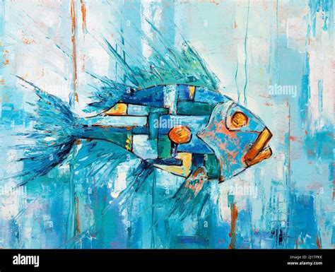 Original Oil Painting Showing Abstract Fish On Canvas Modern