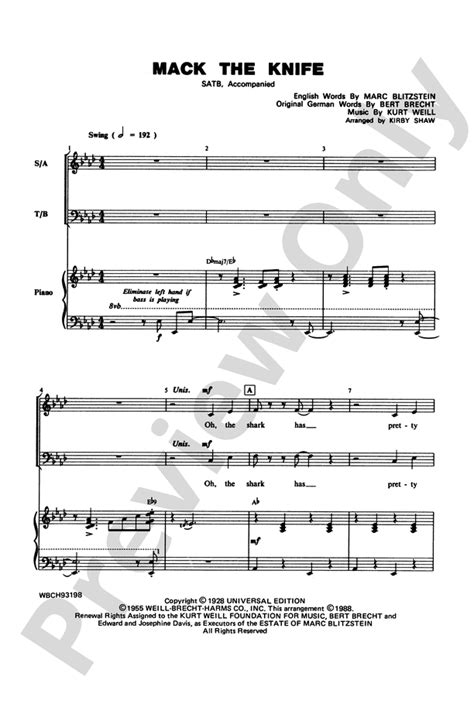 Mack The Knife Satb Choral Octavo Kurt Weill Digital Sheet Music Download