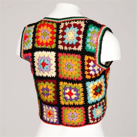 Adolfo For I Magnin 1970s Vintage Wool Granny Squares Hand Crochet