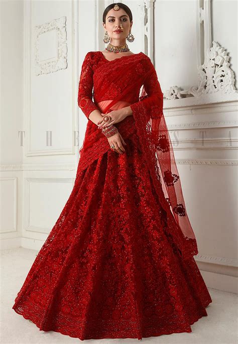 Embroidered Net Lehenga In Red Lcc625