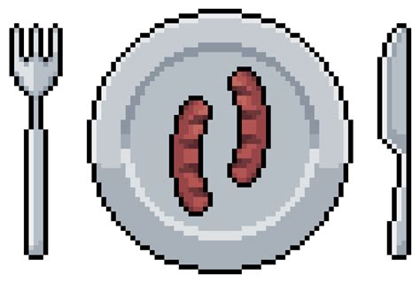 Pixel Art Plate With Sausage And Cutlery Vector Icon For 8bit Game On