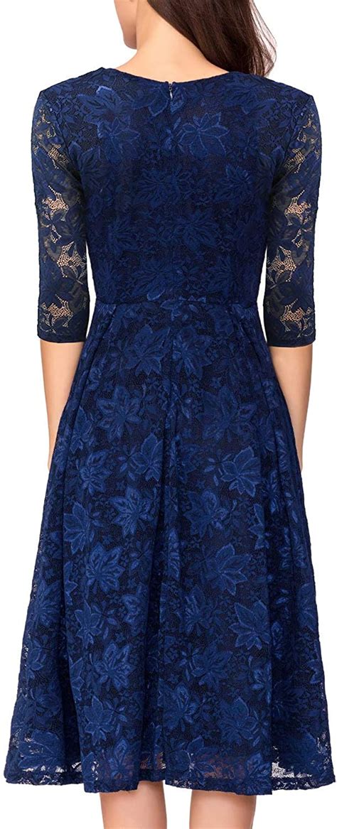 Noctflos Womens 3 4 Sleeves Lace Fit And Flare Midi Cocktail Dress For Free Download Nude