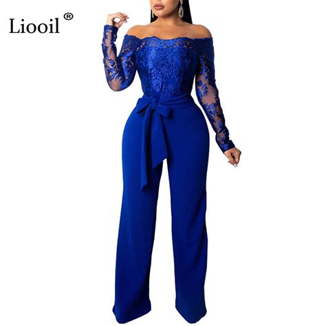 liooil sexy floral embroidery jumpsuit women autumn winter off shoulder long sleeve black party