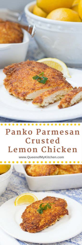 This recipe turns out so juicy and flavorful! Panko Parmesan Crusted Lemon Chicken - Queen of My Kitchen