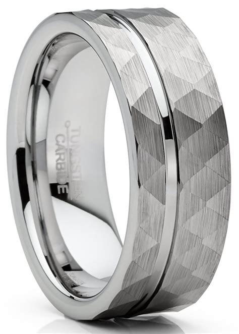 Mens Tungsten Ring Hammered Wedding Band Grooved Center Comfort Fit 8mm