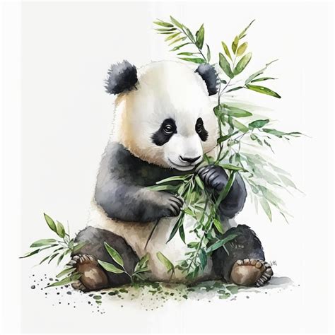 Panda Bonito Comendo Folhas De Bambu Na Pintura Em Aquarela Foto Premium