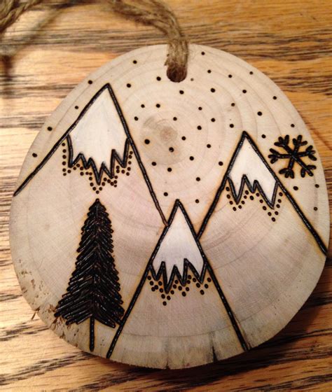 Rustic Hand Painted Mountain Wood Burned Ornament Natural Wood Wood