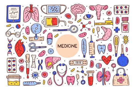Medicina Equipo Dibujos Animados Doodle Dibujado A Mano Ilustración