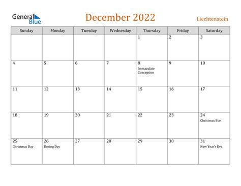 Liechtenstein December 2022 Calendar With Holidays
