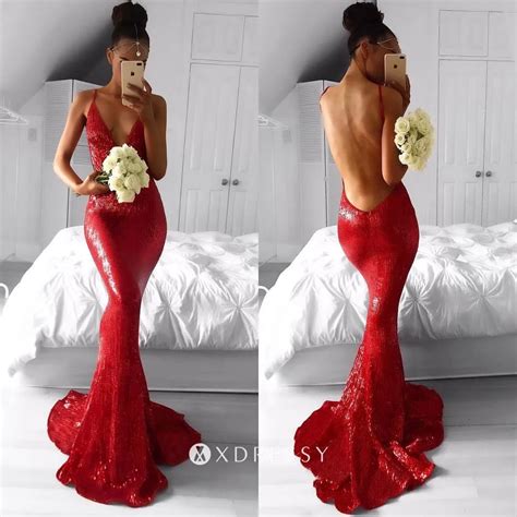 Backless V Neck Red Sequin Mermaid Long Prom Dress Xdressy