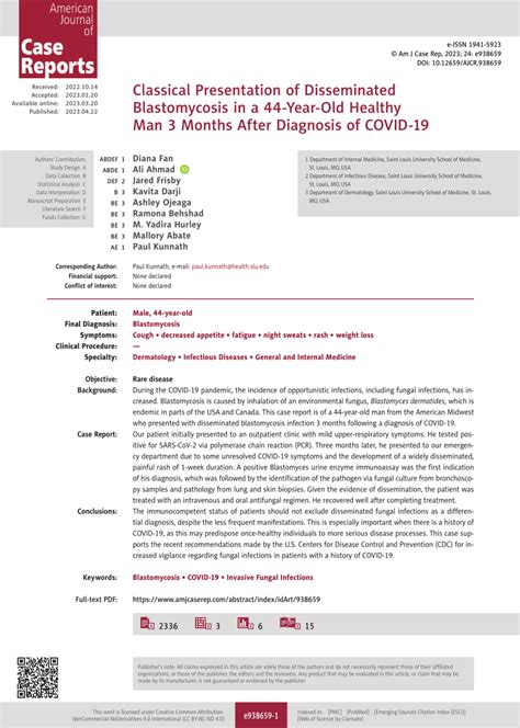 Pdf Classical Presentation Of Disseminated Blastomycosis In A 44 Year Old Healthy Man 3 Months