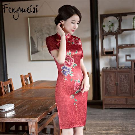 fengmeisi women cheongsam short qipao chinese style silk sexy red dress summer split floral