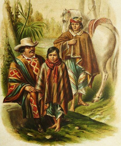 1872 Antique Lithograph Of Mapuche People Araucanian People Chile