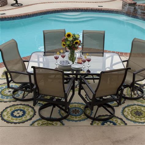 Acadia 6 Person Sling Dining Set With Glass Top Table Patio Furniture