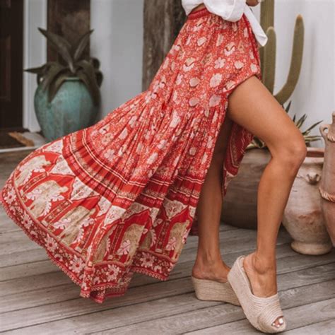 Jastie Bohemian Maxi Skirt Women Red Floral Print Skirts 2019 Summer