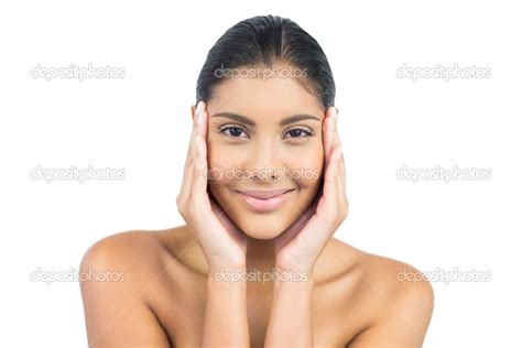Smiling Nude Brunette With Hands On Face Stock Photo By Lightwavemedia