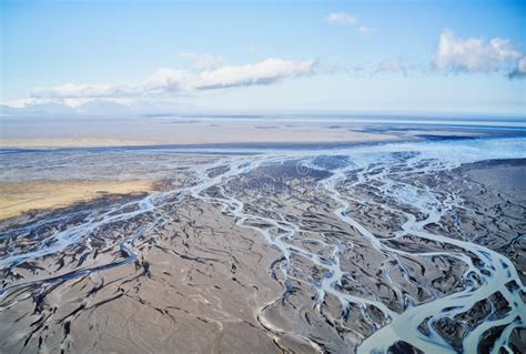Beautiful Aerial View Of Glacier River System In Iceland Stock Photo