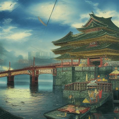 Digital Graphic Detailed Matte Painting Of A Middle Age Japanese City