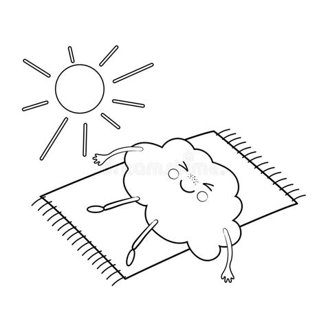 Cute Black And White Contour Drawn Cartoon Cloud Lying And Sunbathing