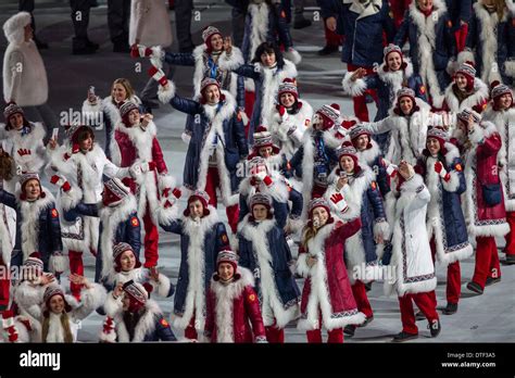 russia marching in during the opening ceremonies at the olympic winter games sochi 2014 stock