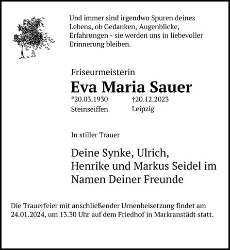 Traueranzeigen Von Eva Maria Sauer Trauer Anzeigende