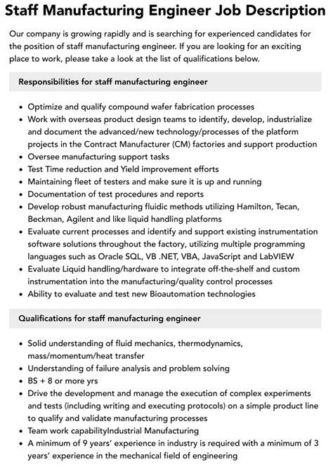 Staff Manufacturing Engineer Job Description Velvet Jobs