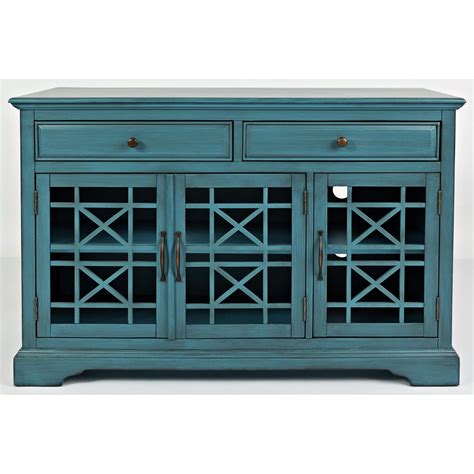 Craftsman 50 Antique Blue Media Console W3 Glass Doors And 2 Drawers By