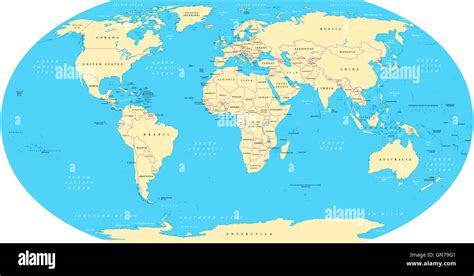 World Map With Shorelines National Borders Oceans And Seas Under The