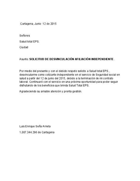 Carta De Desvinculacion De Eps Luizhenrriqe Seña Arrieta