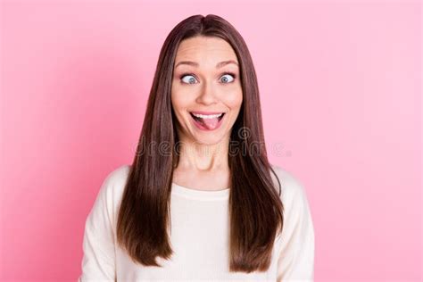 Photo Of Funny Childish Young Woman Wear White Clothes Showing Tongue