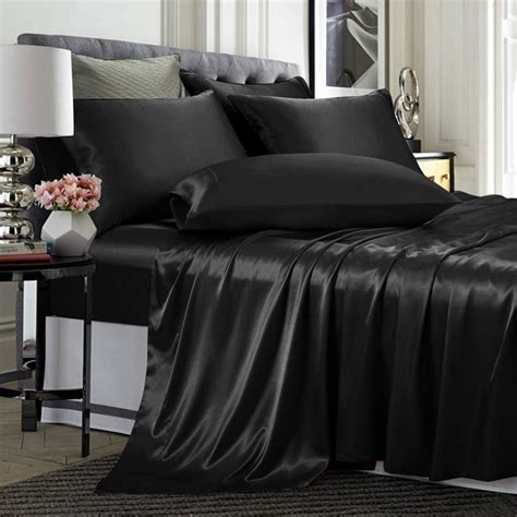 Amazon Com Treely Piece Satin Sheets Full Size Silky Smooth Black Satin Sheet Set With Deep