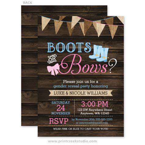 The moment you find out the gender of your baby is magical! Rustic Boots or Bows Gender Reveal Baby Shower Invitations - Print Creek Studio Inc