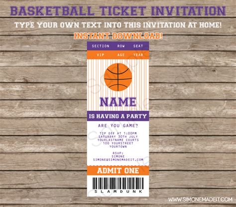 Printable Basketball Party Invitation Template Purple Orange