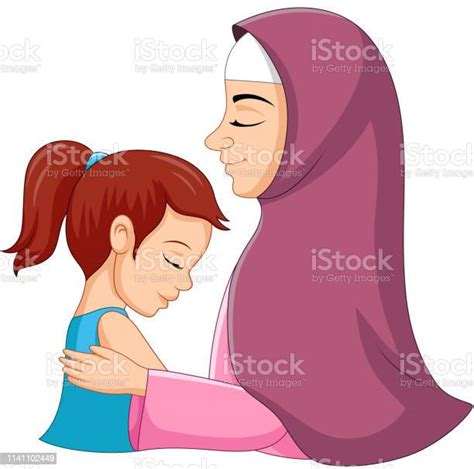 Ilustrasi Seorang Ibu Muslim Memeluk Putrinya Ilustrasi Stok Unduh