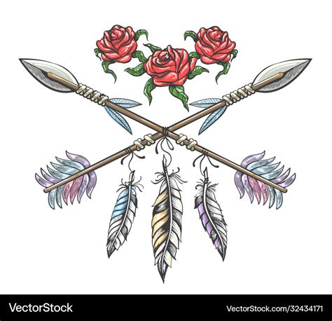 Indian Arrows With Feathers And Rose Flowers Vector Image