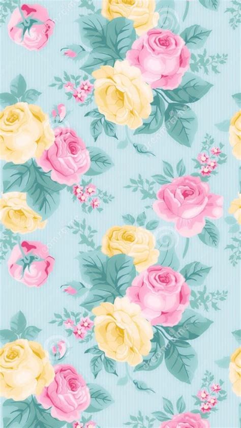 Mint Pink Yellow Pastel Vintage Floral Iphone Phone Wallpaper