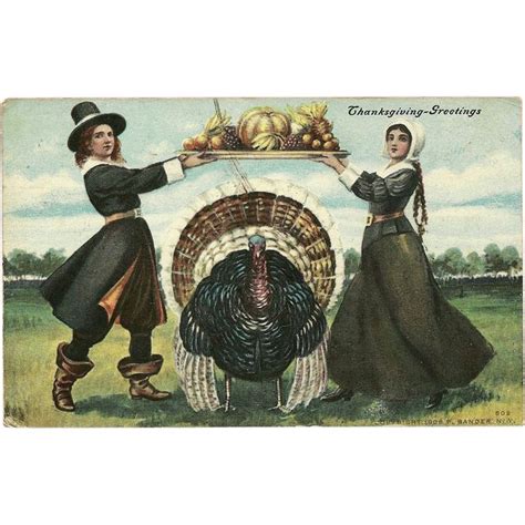 Vintage Thanksgiving Postcard Of A Pilgrim Man And Woman With Turkey 1908 Vintage Thanksgiving