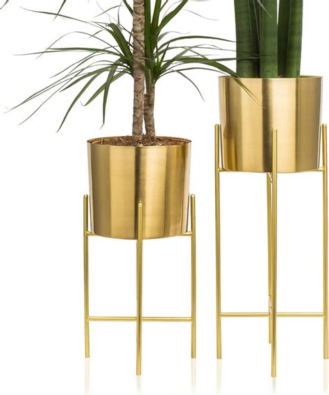 Set 2 Modern Mid Century Gold Planters With Stand 7 Inch Large