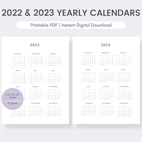 2022 And 2023 Yearly Calendar Printable Minimalist Calendar Etsy