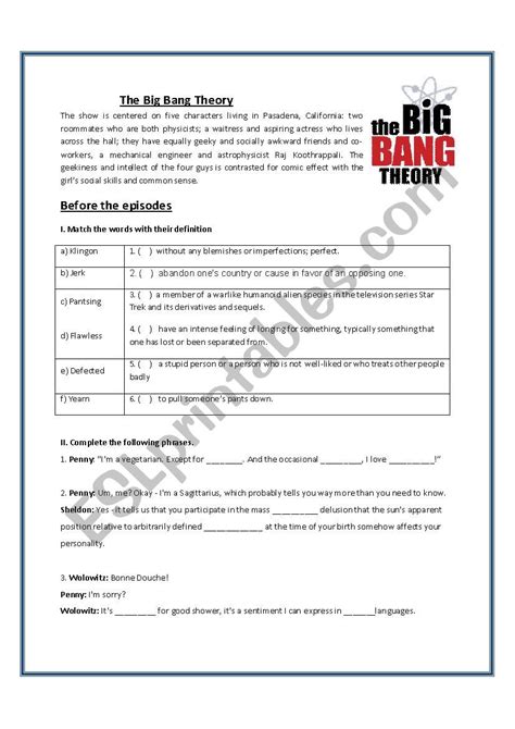 The Big Bang Theory Episodes 1 And 2 Esl Worksheet By Altuzar