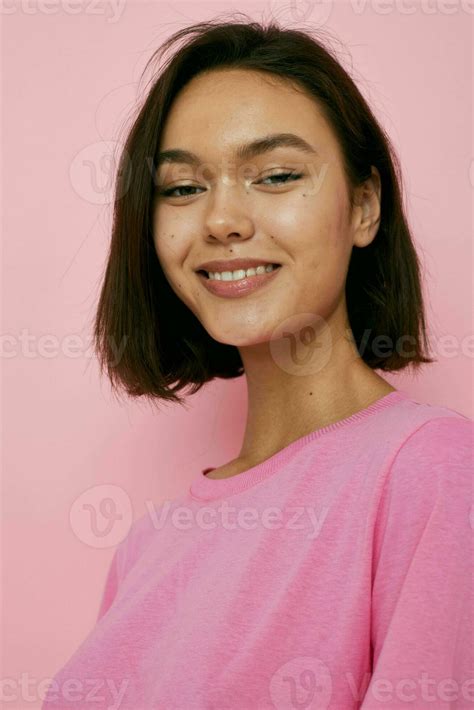 Beautiful Girl Summer Style Pink T Shirt Studio Isolated Background