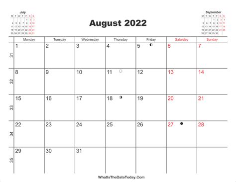 Printable Calendar August 2022 Whatisthedatetodaycom