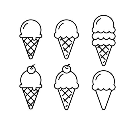 Ice Cream Cone Doodle Set Waffle Cone Outline Isolated Vector