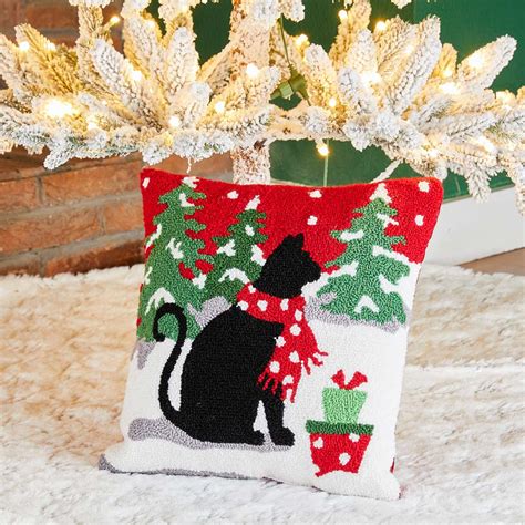 Official Glitzhome 14l Hooked Christmas Cat Throw Pillow