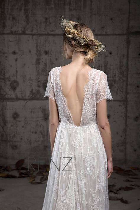 Wedding Dress Boho Lace White Short Sleeve Bridal Dress V Neck Etsy