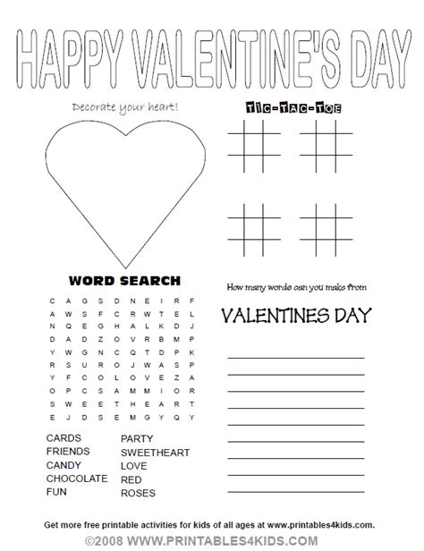 Valentines Day Party Activity Sheet Printables For Kids Free Word