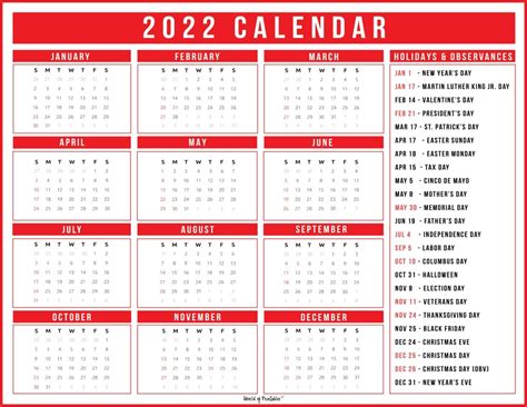 2022 Calendar With Holidays World Of Printables