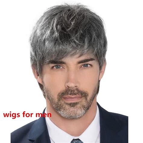 natural men s wigs short straight synthetic wigs for men heat resistant fake hair black grey